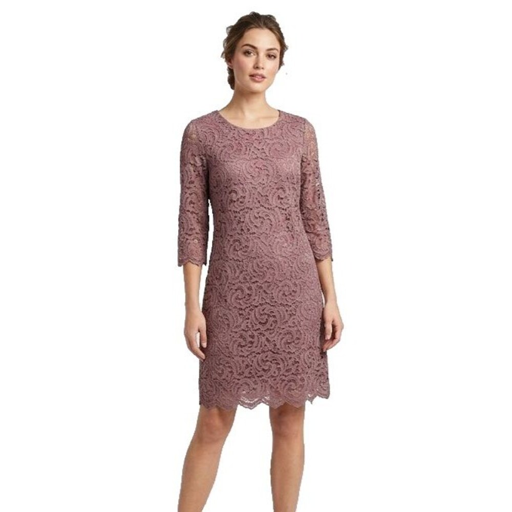 GARNET HILL Sz. 8 Mauve Lace 3/4 sleeve Knee Length Romantic Coquette Dress Glam